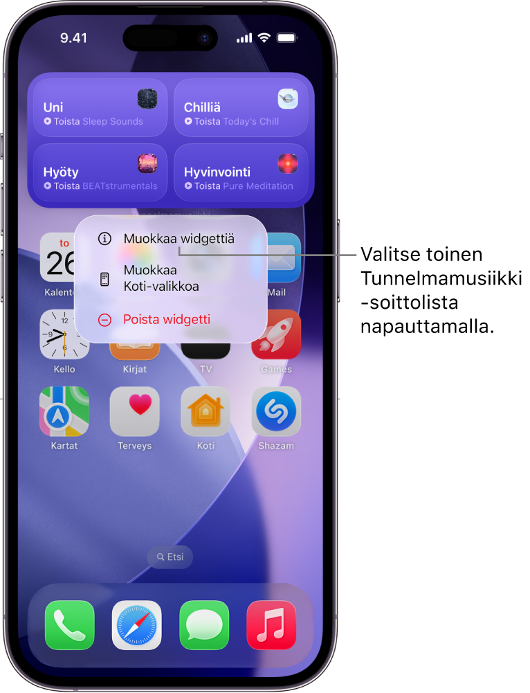 iPhonen Koti-valikon Widgetti-valikossa näkyy Muokkaa widgettiä -kohde