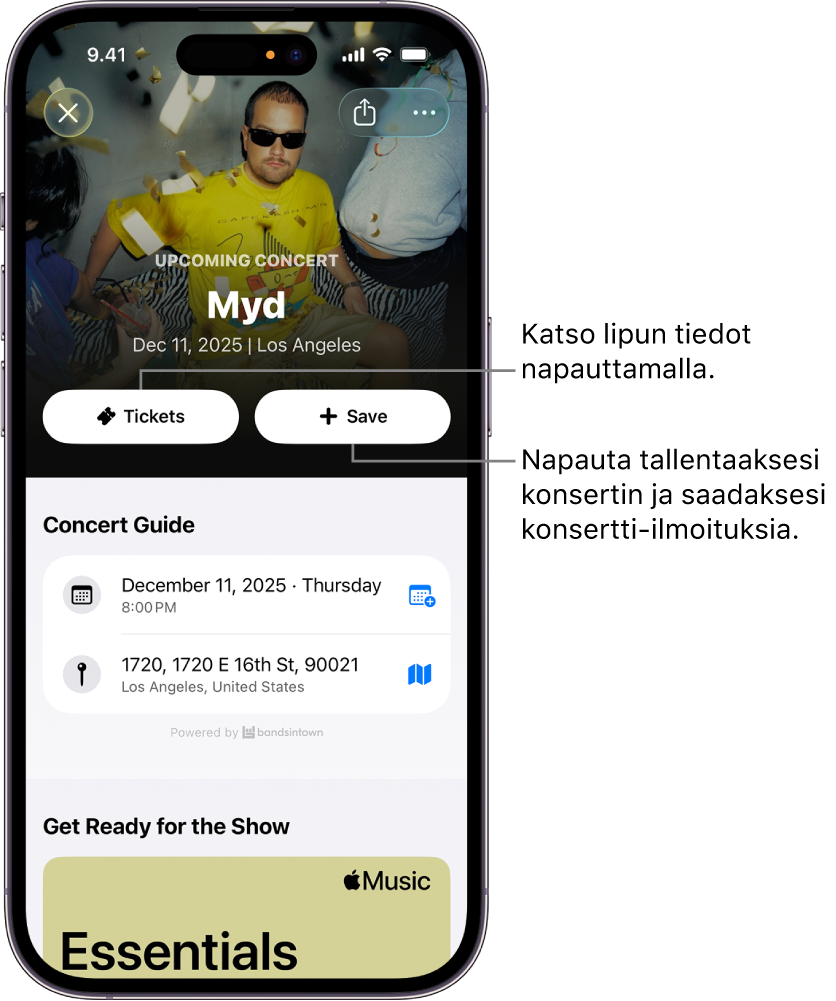 Shazam-apin konserttiopas, jossa näkyvät Tickets- ja Tallenna-painikkeet