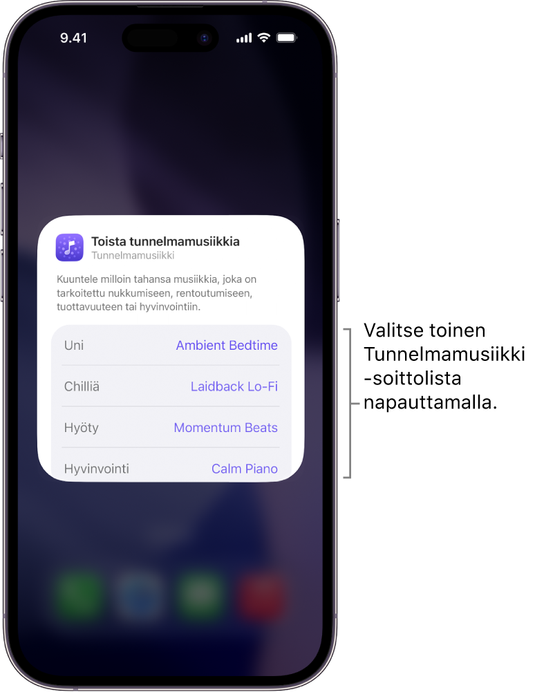 iPhone-näytöllä näkyy Tunnelma- ja Soittolista-valinnat keskikokoisessa Tunnelmamusiikki-widgetissä