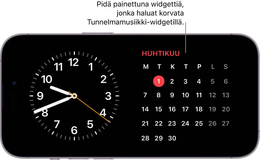 iPhonen StandBy-näyttö, jossa näkyy Kello- ja Kalenteri-widgetti