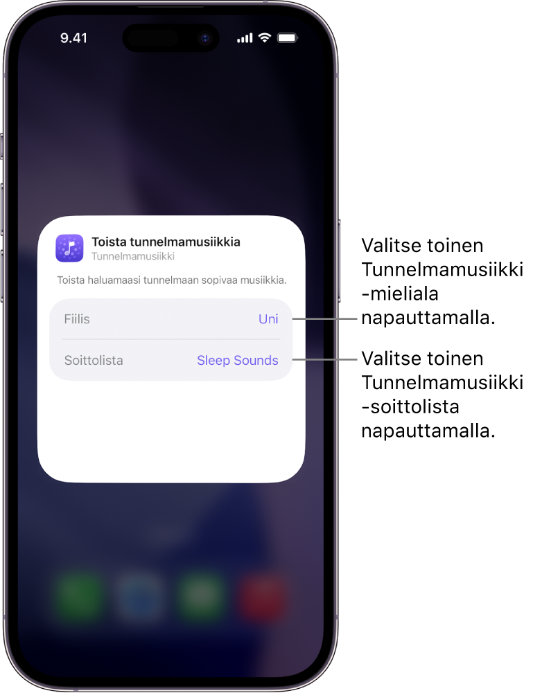 iPhone-näytöllä näkyy Tunnelma- ja Soittolista-valinnat pienessä Tunnelmamusiikki-widgetissä