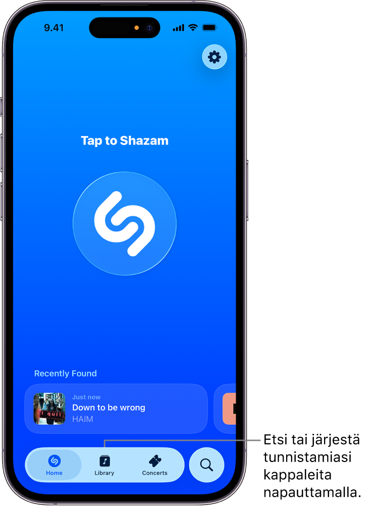 Shazam-apin Koti-valikko, jossa näkyy Library-painike