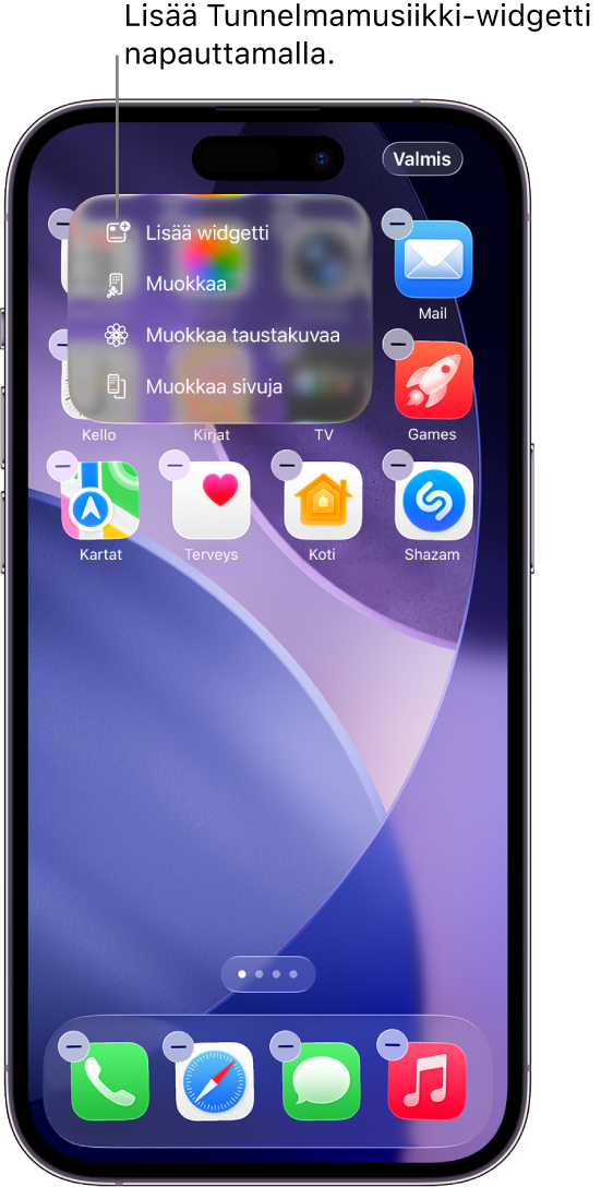 iPhonen Koti-valikon Muokkaa-valikossa näkyy Lisää widgetti -kohde