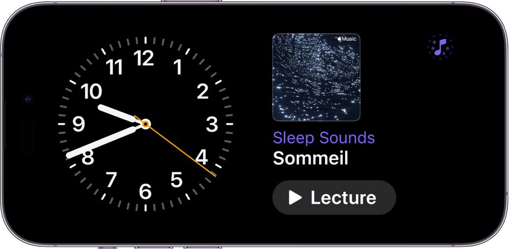Écran En veille de l’iPhone affichant un widget Horloge et un widget Musique d’ambiance