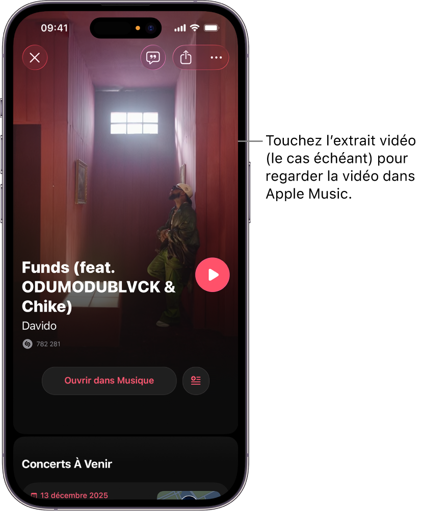 Écran de piste de l’app Shazam affichant l’extrait d’une vidéo