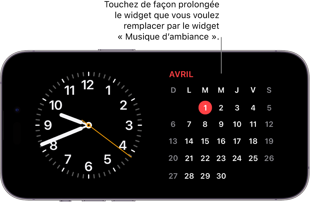 Écran En veille de l’iPhone affichant un widget Horloge et un widget Calendrier