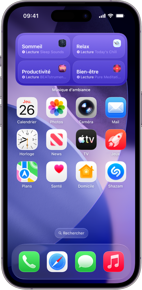 Écran d’accueil de l’iPhone affichant le widget Musique d’ambiance de taille moyenne
