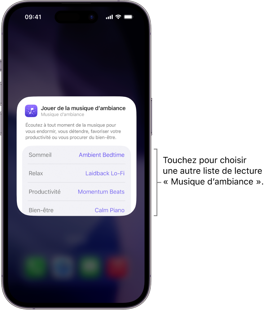 Écran d’iPhone affichant les options Ambiance et Liste de lecture dans le widget Musique d’ambiance moyen