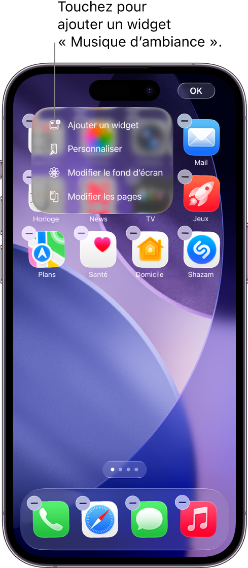 Écran d’accueil de l’iPhone affichant l’option « Ajouter un widget » dans le menu « Modifier »