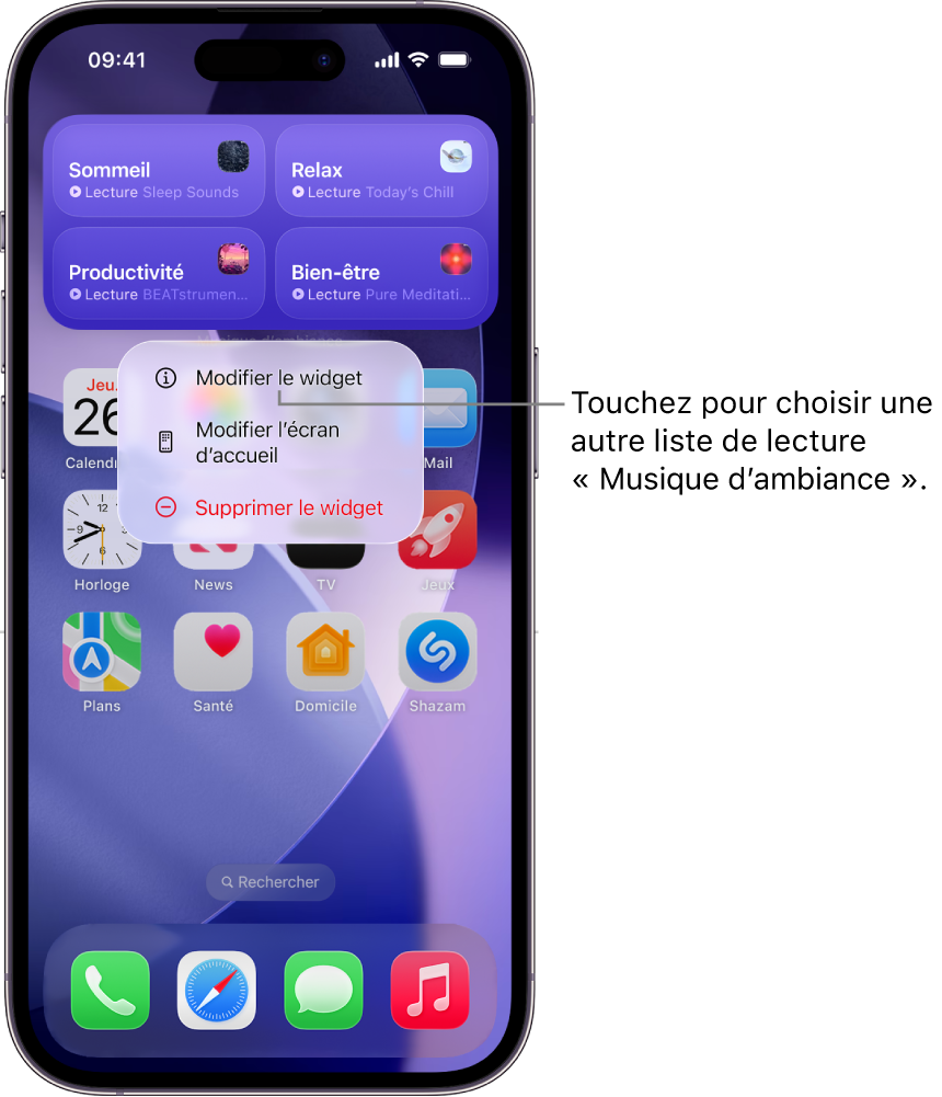 Écran d’accueil de l’iPhone affichant l’option « Modifier le widget » dans le menu des widgets