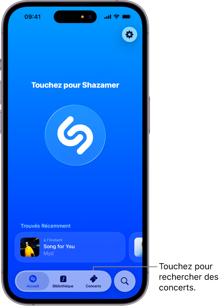 Écran d’accueil de l’app Shazam affichant le bouton Concerts
