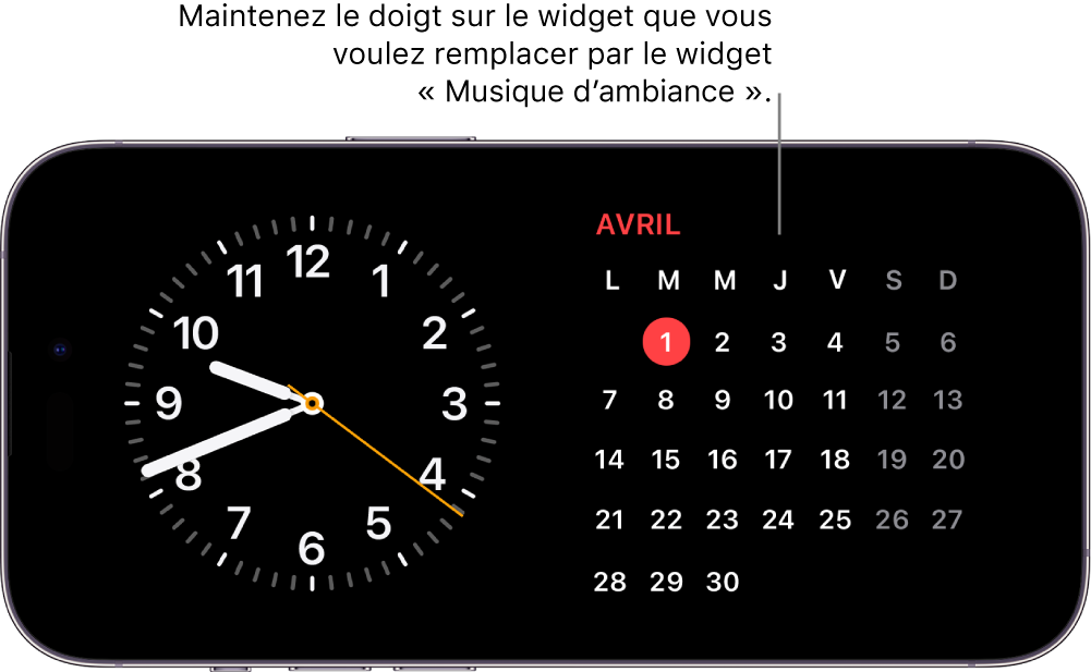 Écran En veille de l’iPhone affichant un widget Horloge et un widget Calendrier