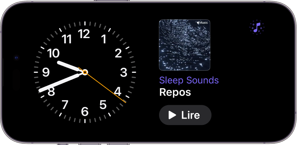 Écran En veille de l’iPhone affichant un widget Horloge et un widget Musique d’ambiance.