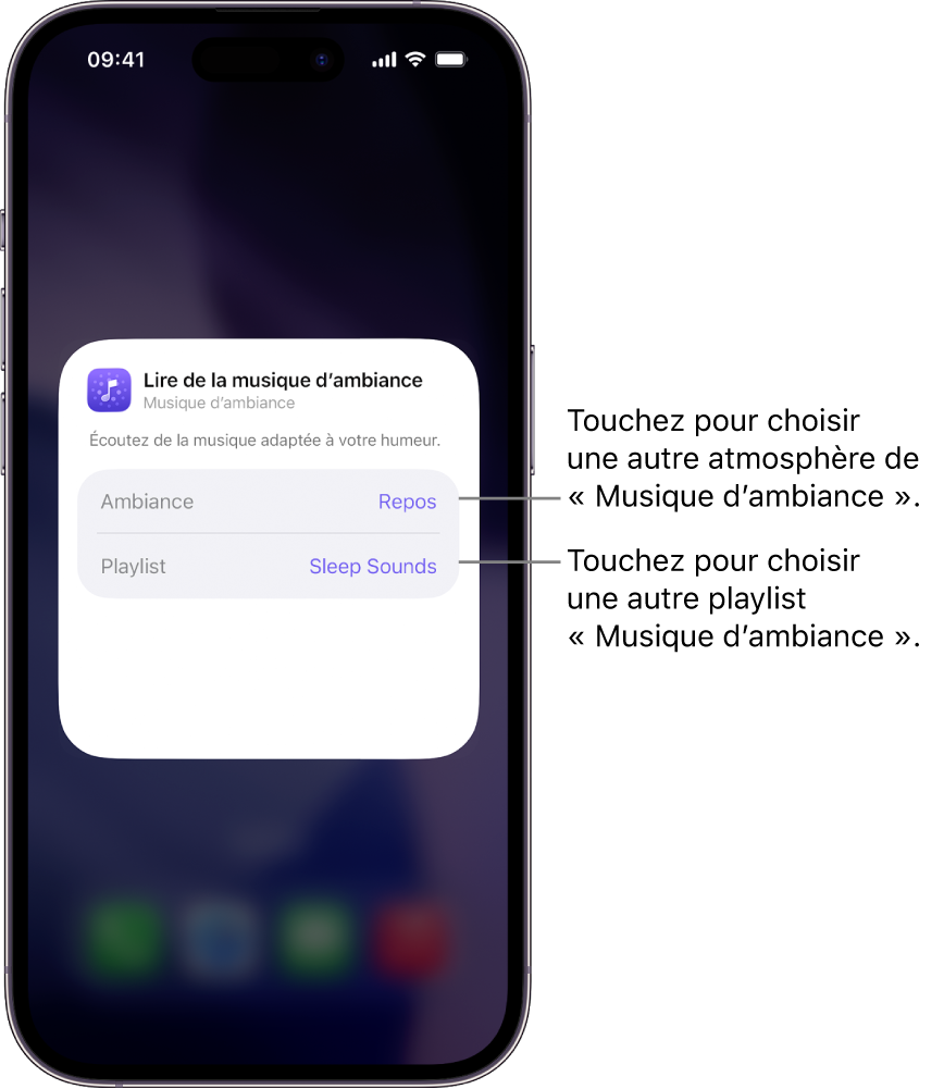 Écran de l’iPhone affichant les options Ambiance et Playlist dans le petit widget Musique d’ambiance