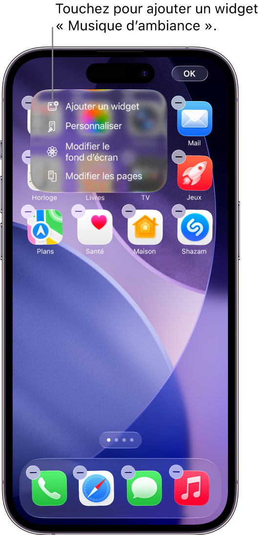 Écran d’accueil de l’iPhone affichant l’élément Ajouter un widget du menu Modifier.
