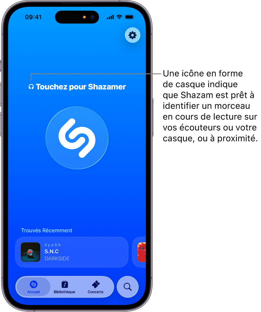 Écran d’accueil de l’app Shazam affichant un casque connecté