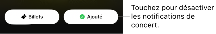 Bouton Ajouté actif (coché) sur le guide des concerts dans l’app Shazam.