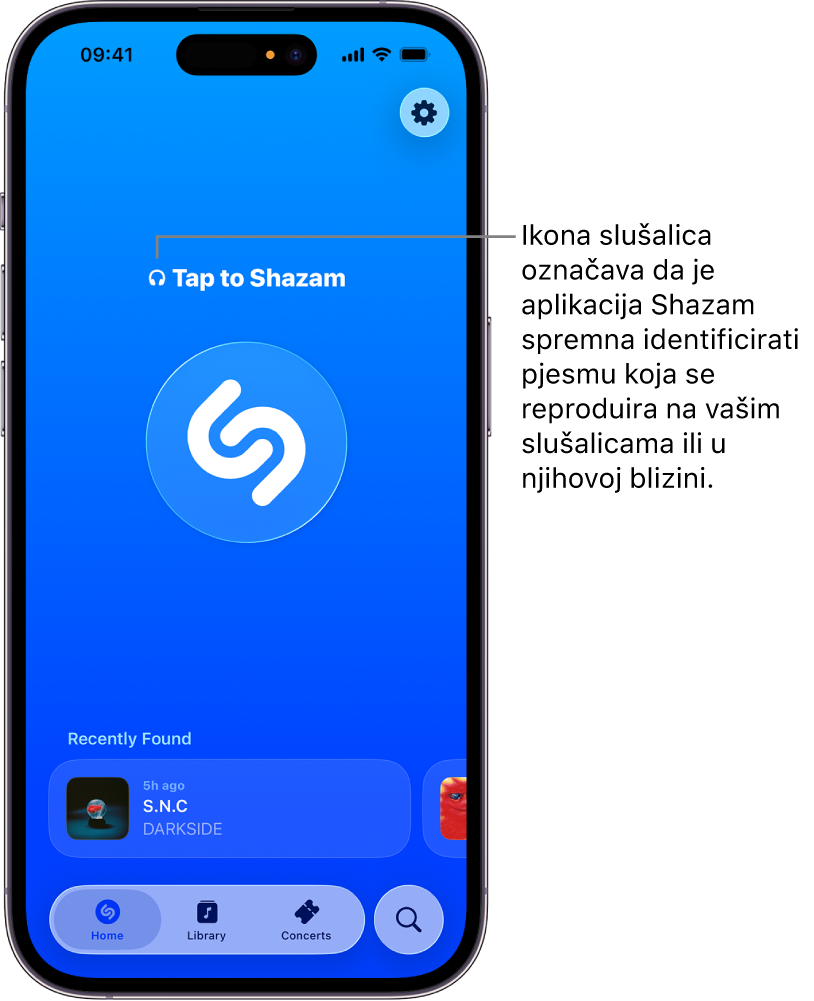 Početno zaslon aplikacije Shazam prikazuje spojene slušalice