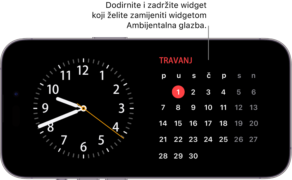 Zaslon Pripravno stanje iPhonea prikazuje widget Sat i widget Kalendar