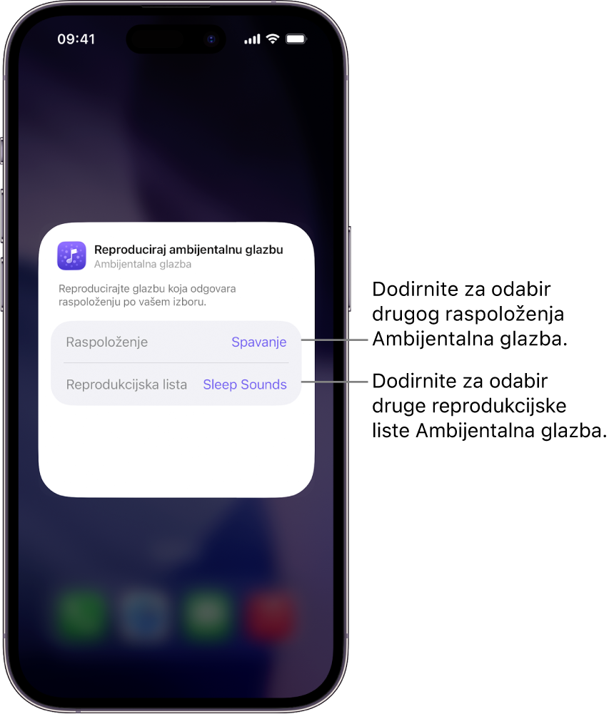 Zaslon iPhonea prikazuje opcije Raspoloženje i Reprodukcijska lista u malom widgetu Ambijentalna glazba