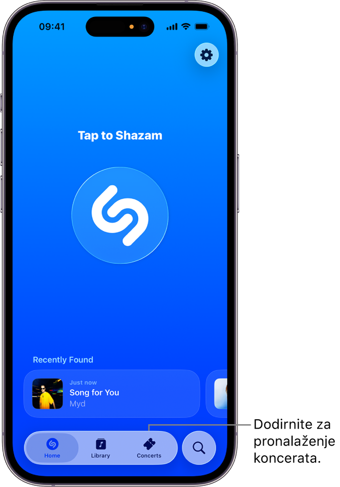 Početni zaslon aplikacije Shazam s prikazom tipke Concerts (Koncerti)