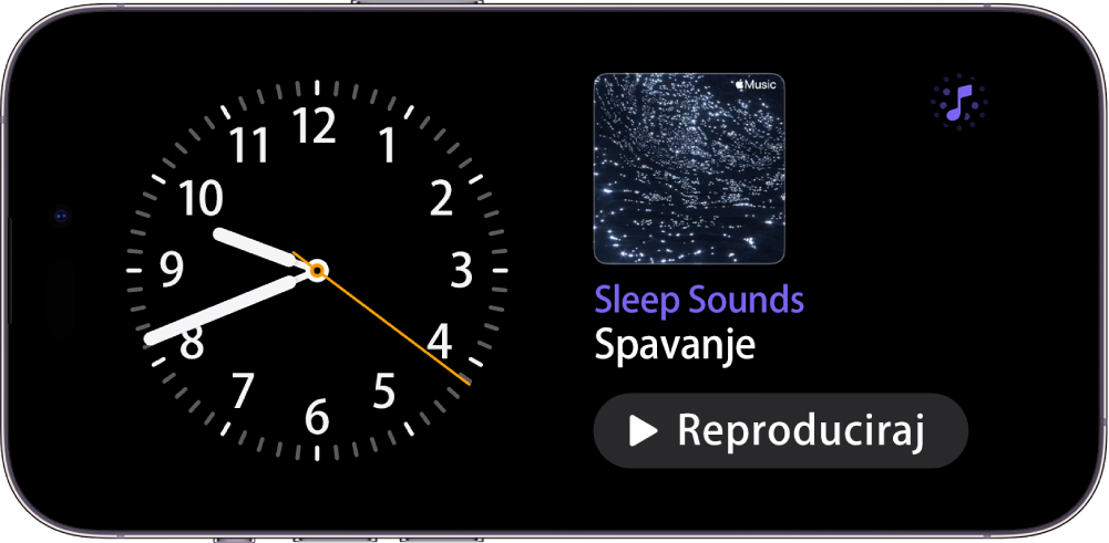 Zaslon Pripravno stanje iPhonea prikazuje widget Sat i widget Ambijentalna glazba
