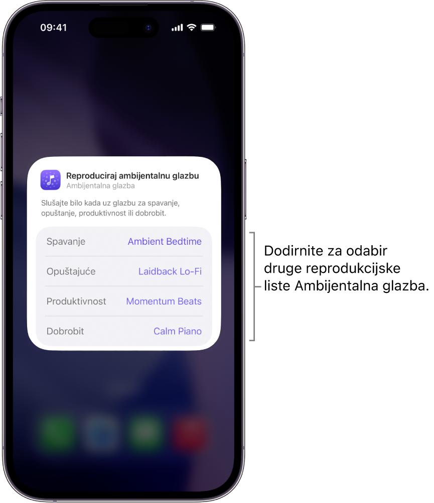 Zaslon iPhonea prikazuje opcije Raspoloženje i Reprodukcijska lista u srednjem widgetu Ambijentalna glazba