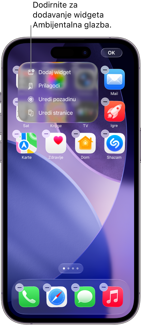 Početni zaslon iPhonea prikazuje stavku Dodaj widget u izborniku Uređivanje