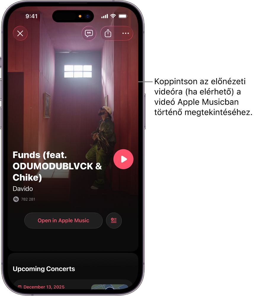 A Shazam app zeneszámképernyőjén egy videó előnézete látható