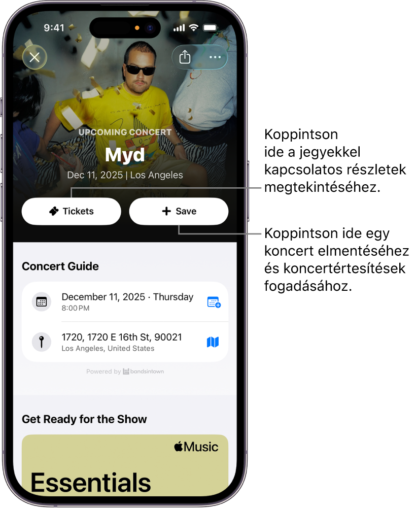 A Shazam app koncert-útikalauz funkciója a Tickets (Jegyek) és Save (Mentés) gombbal