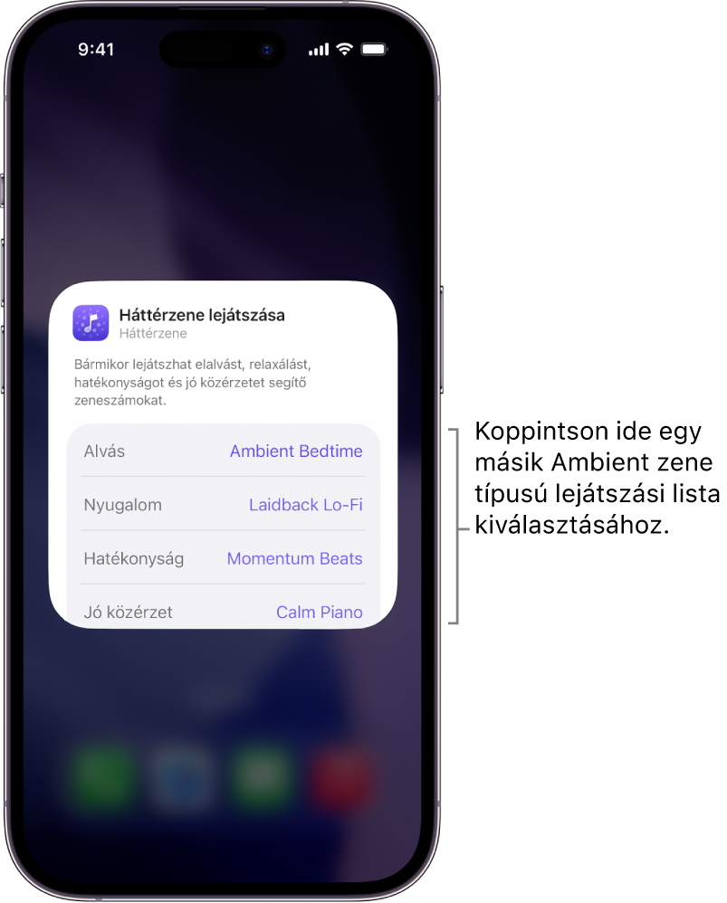 Egy iPhone-képernyő a Hangulat és Lejátszási lista opciókkal a közepes méretű Háttérzene-widgetben