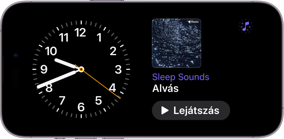 Egy iPhone Készenlét-képernyője egy Óra-widgettel és egy Háttérzene-widgettel