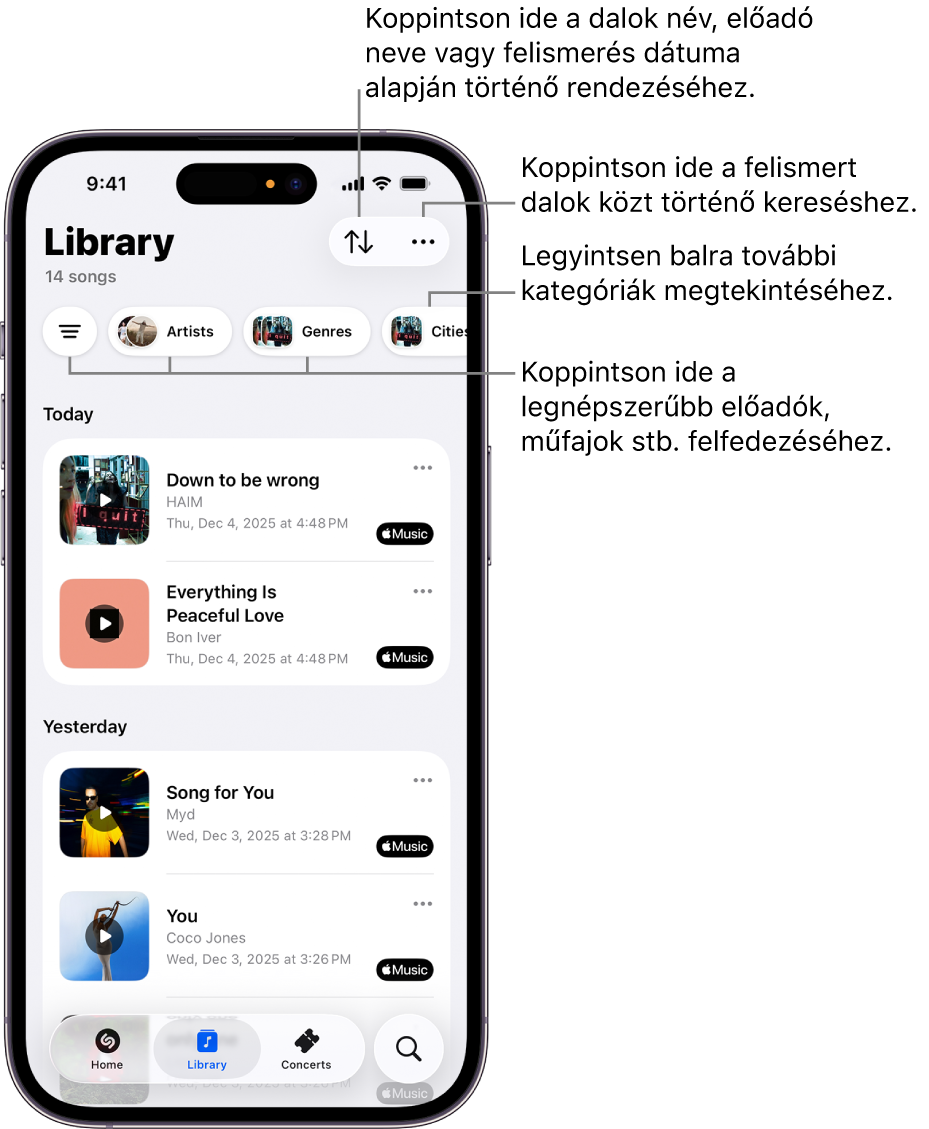 A Shazam app Library képernyője a keresési és rendezési beállításokkal