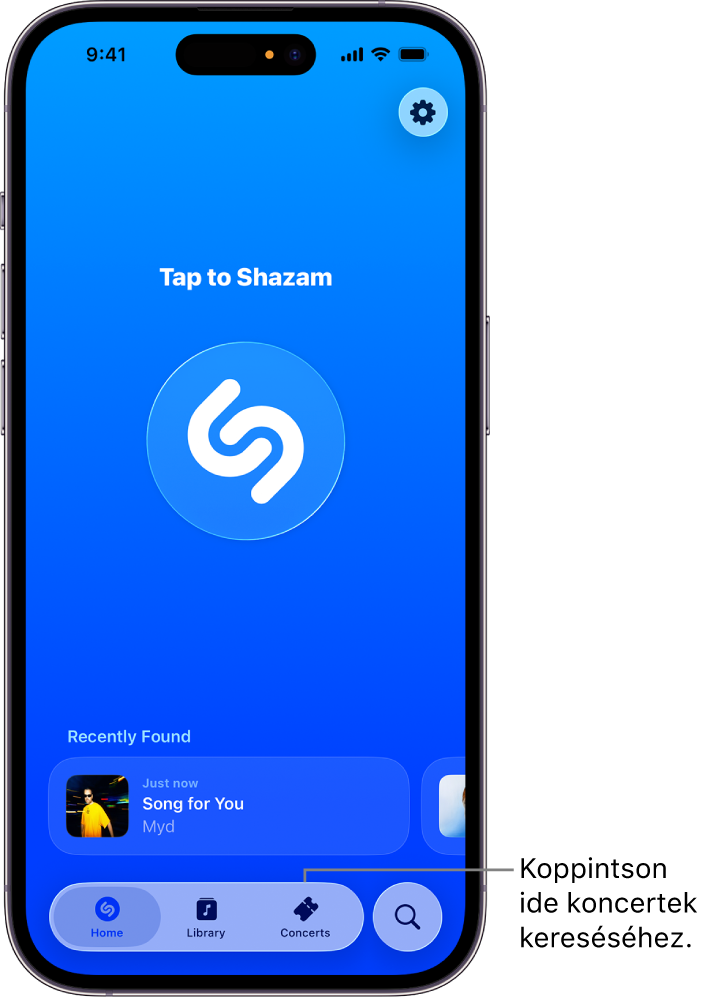 A Shazam app főképernyője a Concerts (Koncertek) gombbal