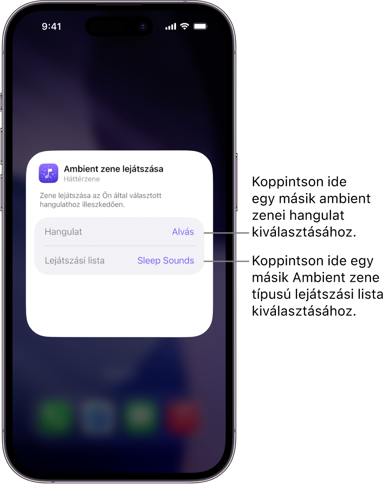 Egy iPhone-képernyő a Hangulat és Lejátszási lista opciókkal a kis méretű Háttérzene-widgetben