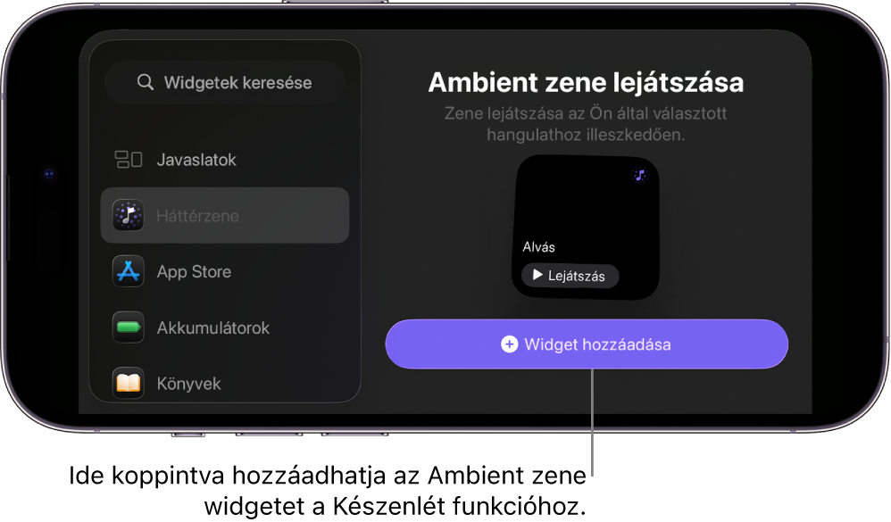 Egy iPhone Készenlét-képernyője Szerkesztés módban a Háttérzene-widgettel és a Widget hozzáadása gombbal