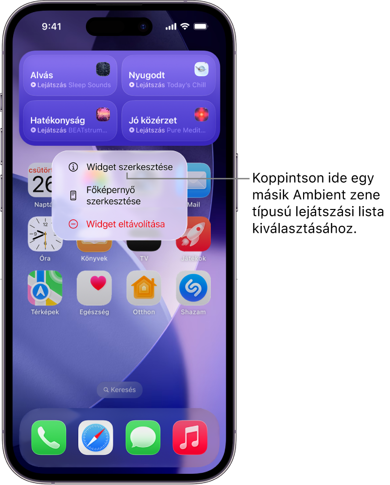 Egy iPhone főképernyője a Widget menü Widget szerkesztése elemével