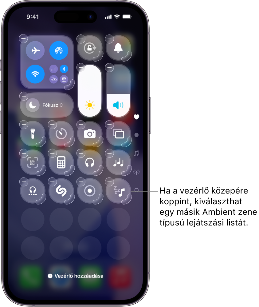 Egy iPhone-képernyő a Vezérlőközponttal Szerkesztés módban