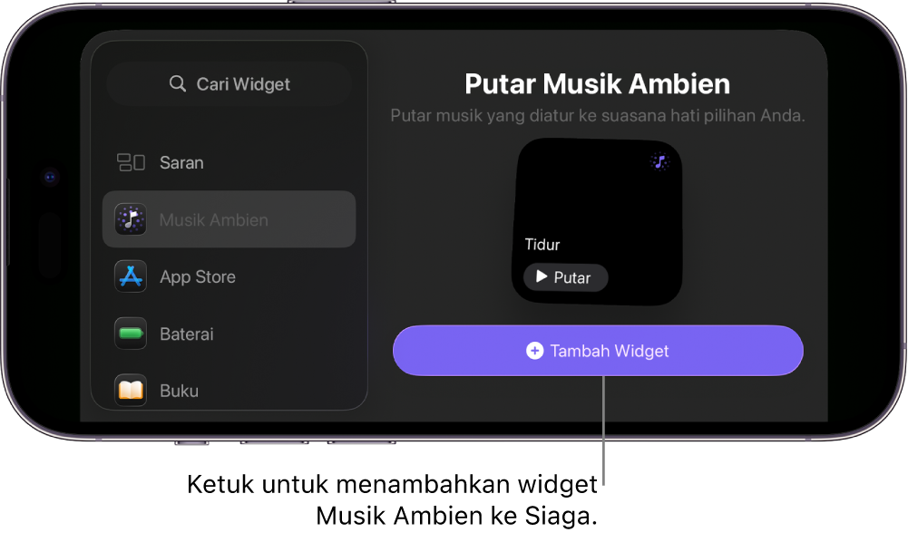 Layar Siaga iPhone dalam mode pengeditan yang menampilkan widget Musik Ambien dan tombol Tambah Widget