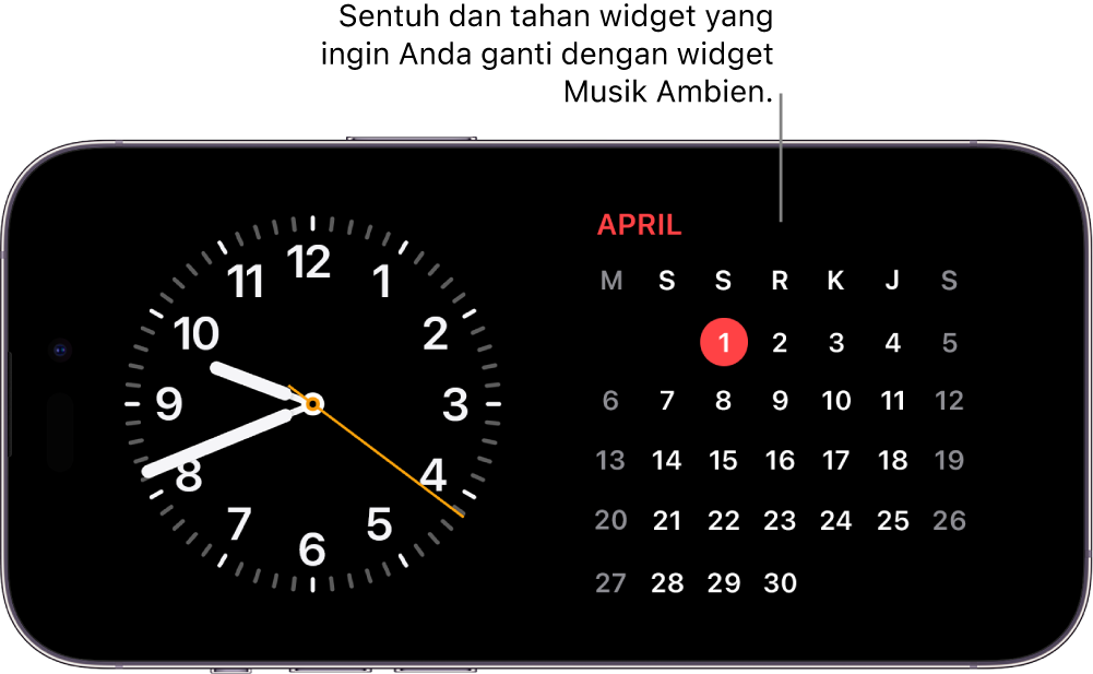 Layar Siaga iPhone yang menampilkan widget Jam dan widget Kalender