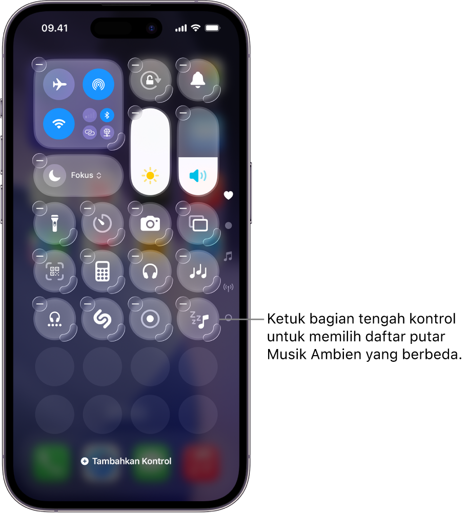 Layar iPhone yang menampilkan Pusat Kontrol dalam mode Edit