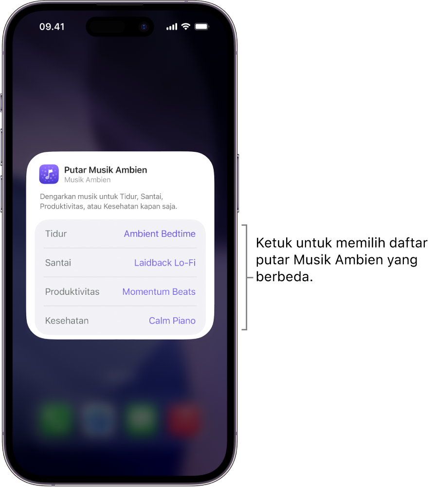 Layar iPhone yang menampilkan pilihan Suasana Hati dan Daftar Putar di widget Musik Ambien sedang