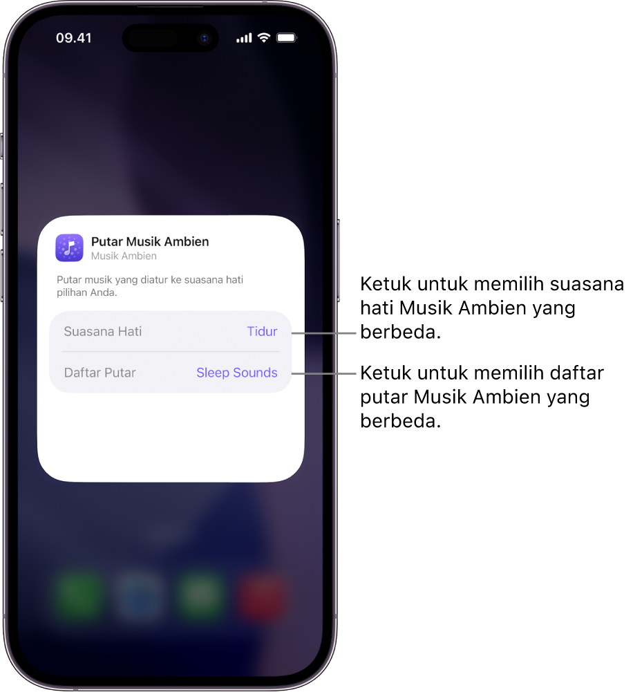 Layar iPhone yang menampilkan pilihan Suasana Hati dan Daftar Putar di widget Musik Ambien kecil