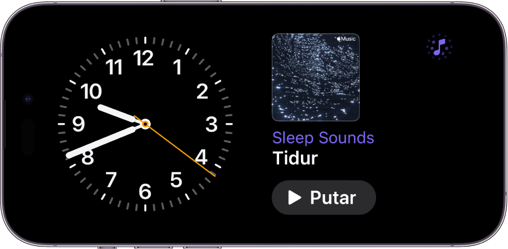 Layar Siaga iPhone yang menampilkan widget Jam dan widget Musik Ambien