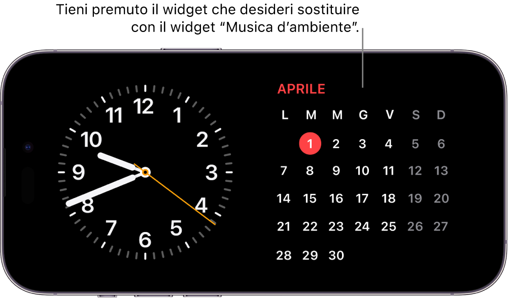 Lo schermo StandBy di iPhone che mostra un widget di “Musica d’ambiente” e uno di Calendario