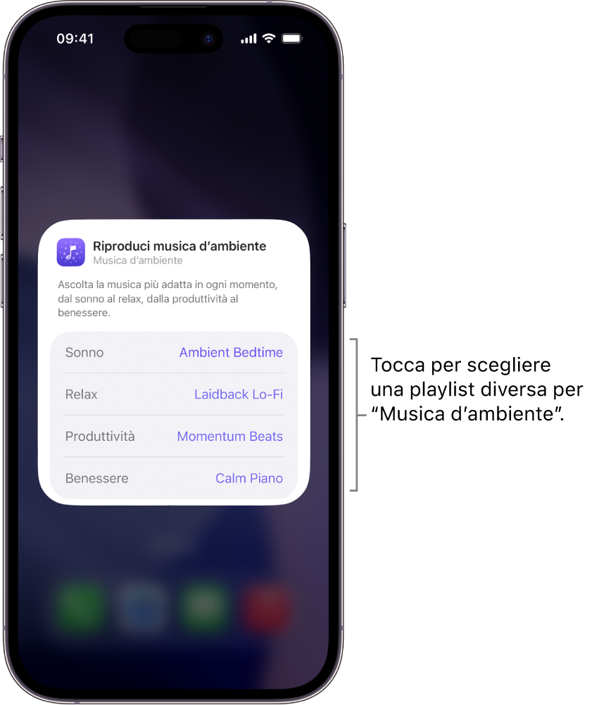 La schermata di iPhone che mostra le opzioni “Stato d’animo” e Playlist nel widget medio di “Musica d’ambiente”