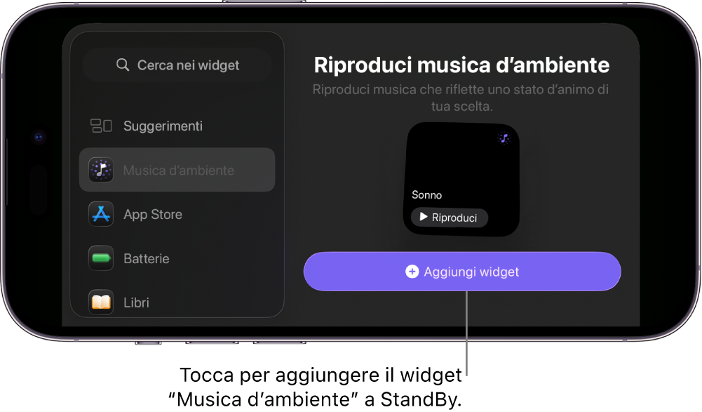 La schermata StandBy di iPhone in modalità di modifica, che mostra il widget di “Musica d’ambiente” e il pulsate “Aggiungi widget”.