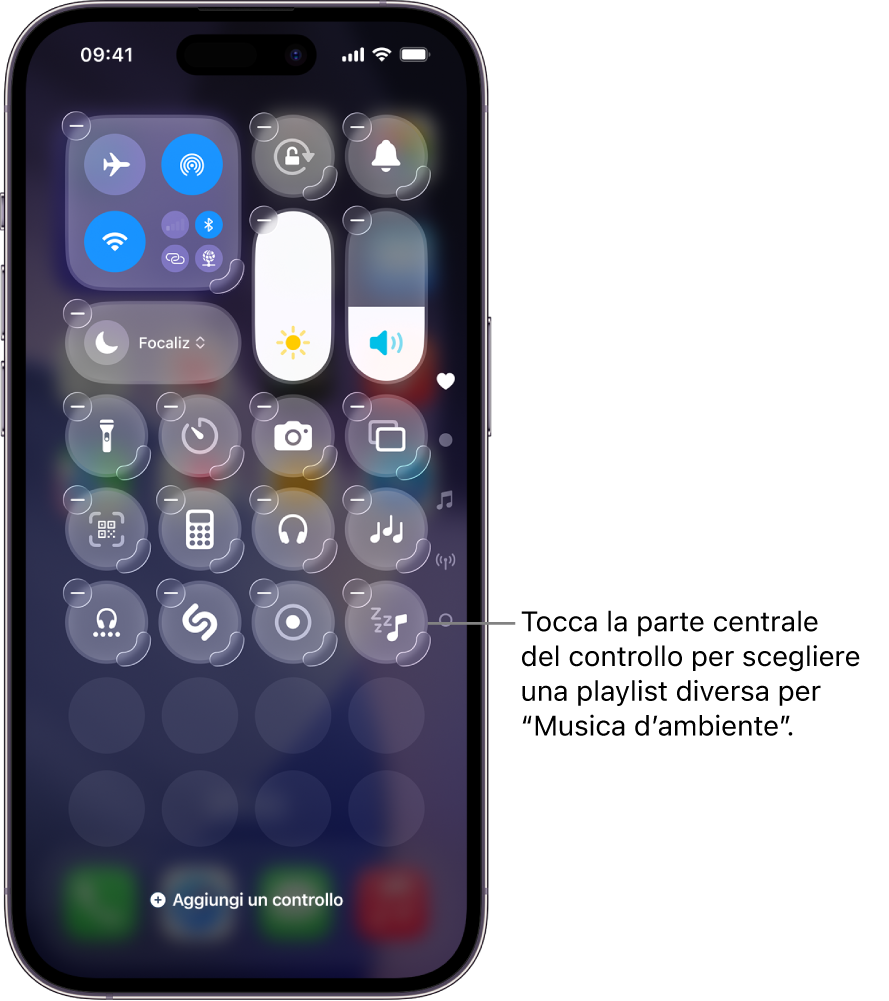 La schermata di iPhone che mostra Centro di Controllo in modalità Modifica