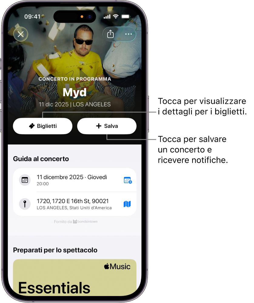 La guida al concerto dell’app Shazam che mostra i pulsanti Biglietti e Salva.