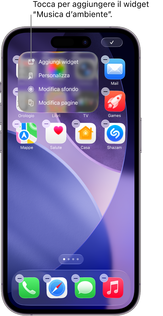 La schermata Home di iPhone che mostra la voce “Aggiungi widget” nel menu Modifica